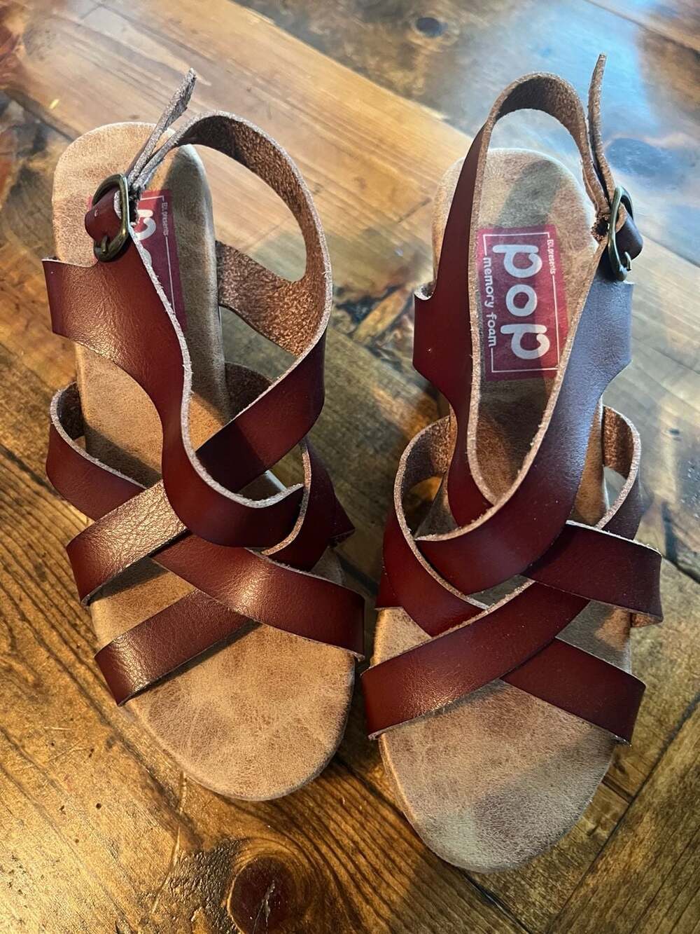 POP Women's Faux Leather Strappy Wedge Platform Sandals Brown Memory Foam